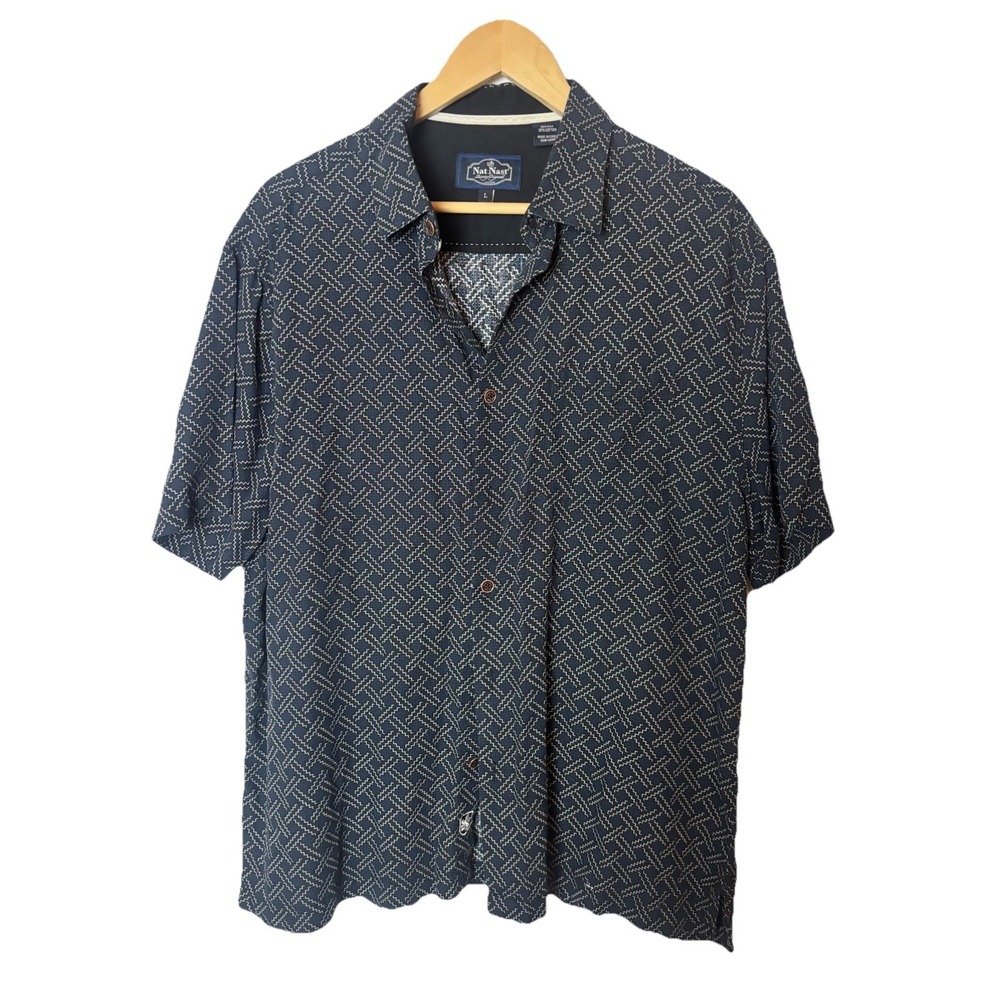 Nat Nast Men's Large Silk Short Sleeve Button Down Shirt Black Wht Basket Weave